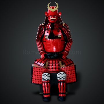 Takigawa Kazumasu Red and Black Samurai Armor Tosei Gusoku Style Menpo with Beard Red Scales With Black Cords